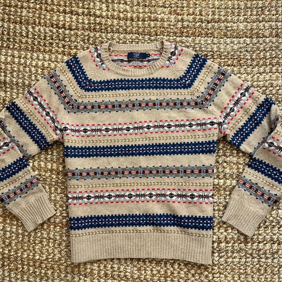 J. Crew Other - J. Crew Beige Fair Isle Crewneck Sweater Navy & Red Accents (XL)